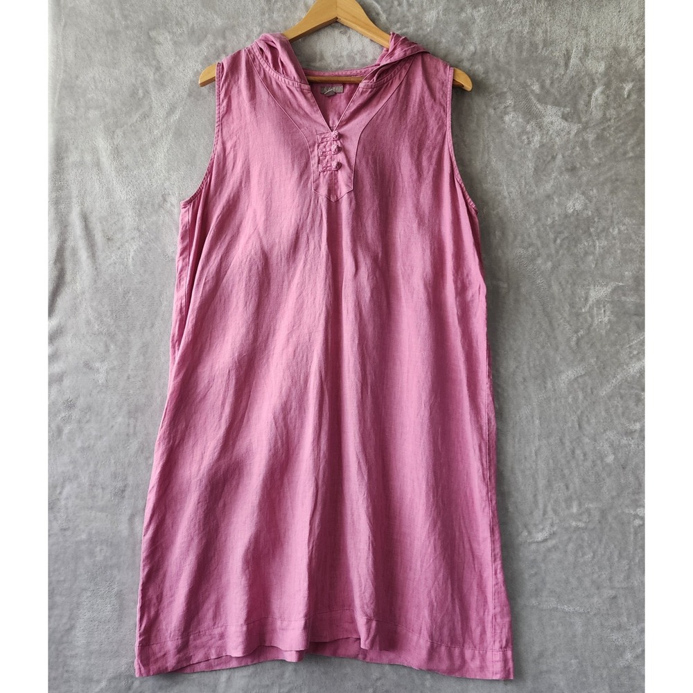 J. Jill Linen Dress Size Large Pink Hooded Dress Knot Buttons Garment Dyed 100%